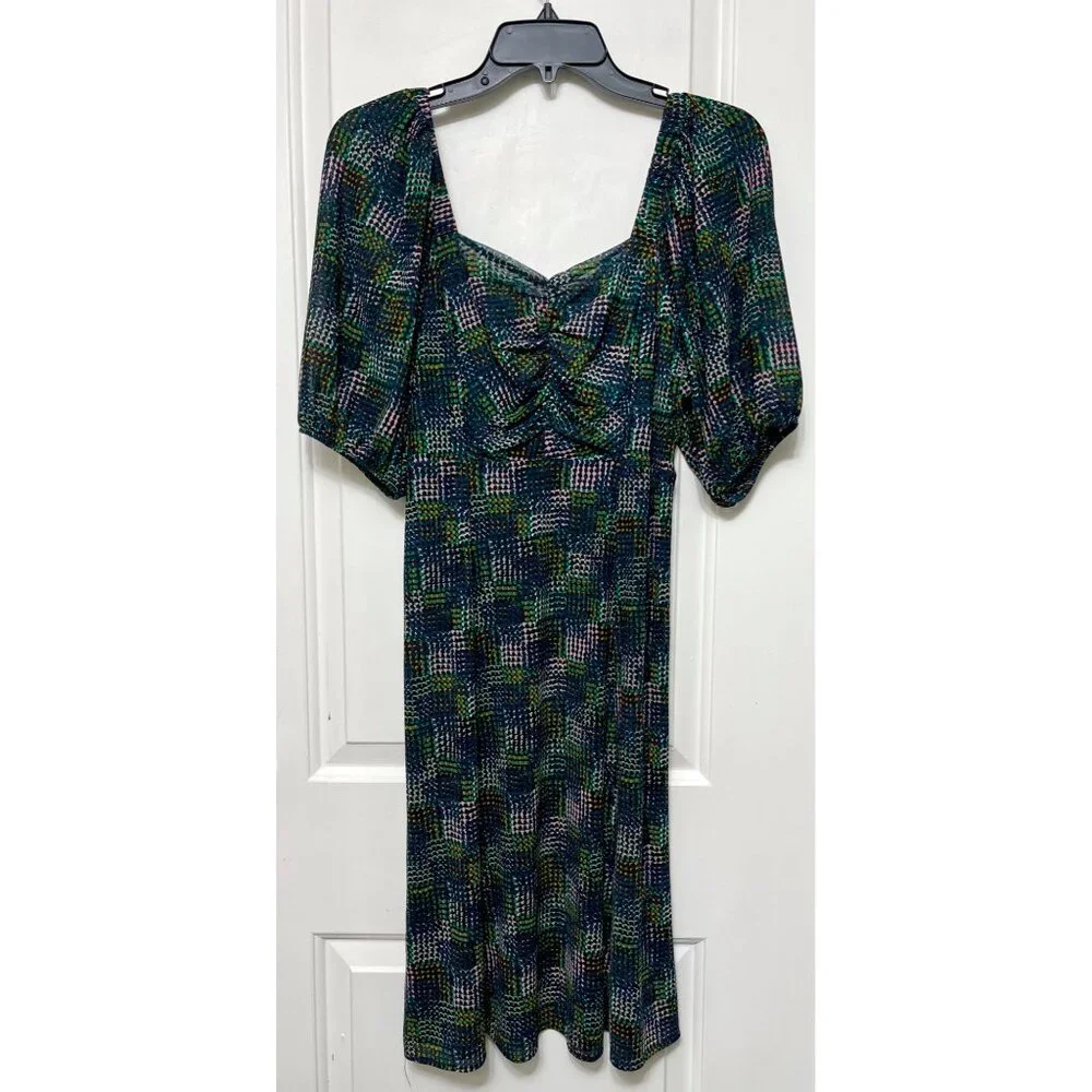 Elaine Puff Sleeve Multicolored Dot Mesh Midi Dress in Green‎ Size XS